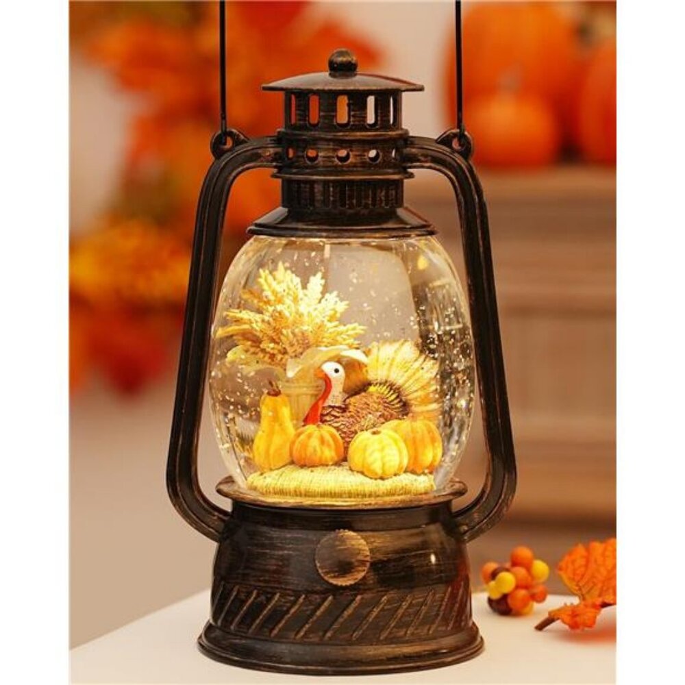 Fall Decor Snow Globe Thanksgiving Decoration Turkey Lantern Light-Up 6H Timer